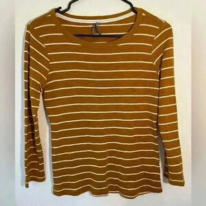 Anthropologie Mustard Yellow and White Horizontal Stripes Quarter Sleeve T Sz XS